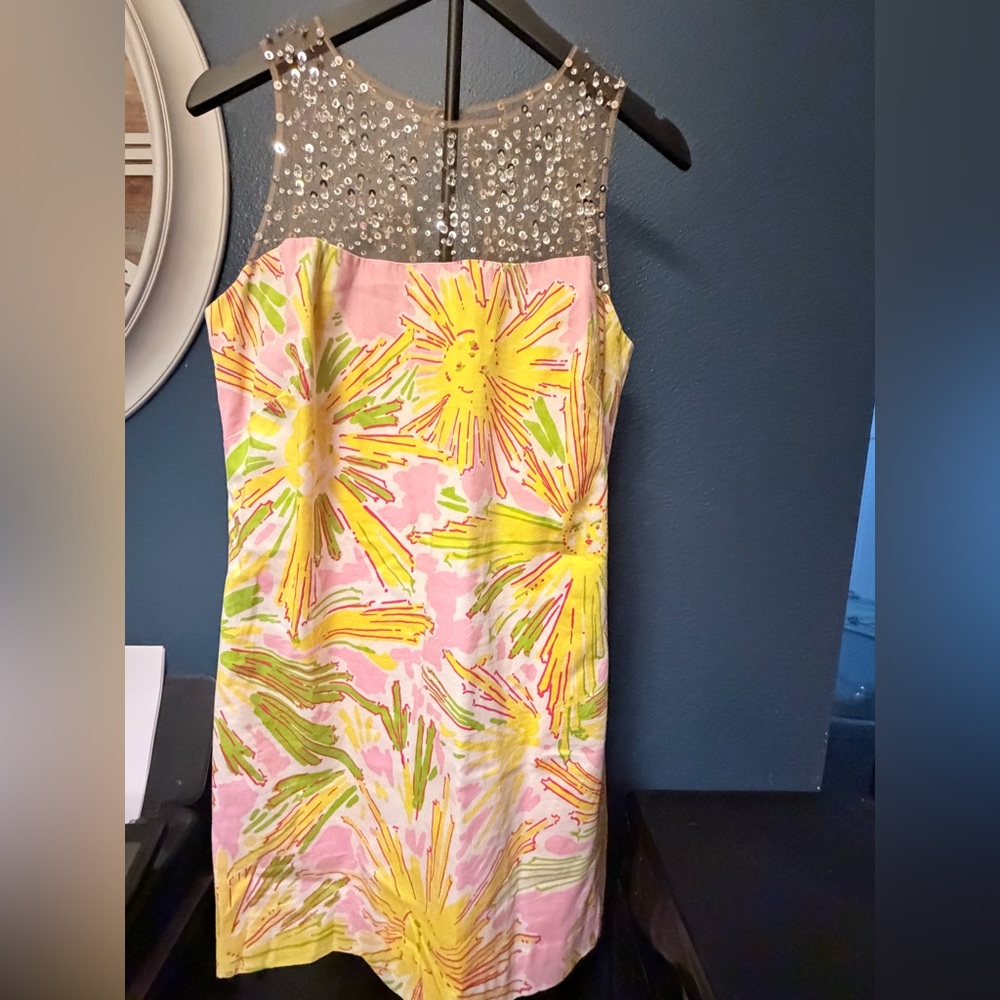 Floral Beaded Dress with Sheer Neckline
